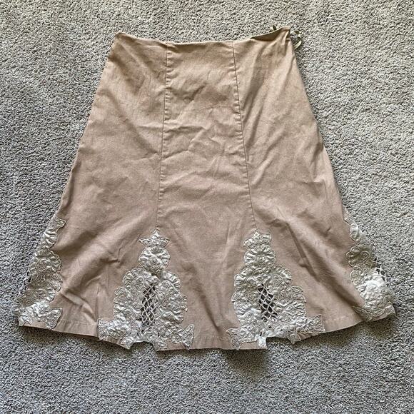 Spiral Brown Embroidered A-Line Cotton Blend Midi Skirt- Size Large - Picture 8 of 9